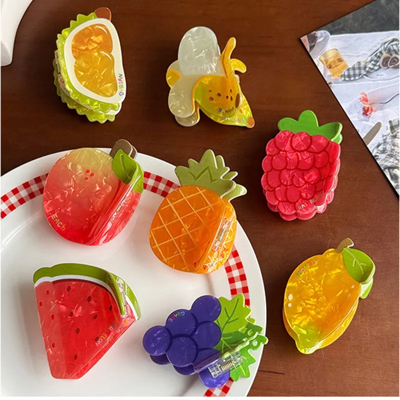 لطيف تصميم جديد هندسية الفاكهة مقاطع الشعر أزياء بسيطة الاكريليك متوسطة الحجم القرش كليب الإبداعية ذيل حصان كليب أغطية الرأس