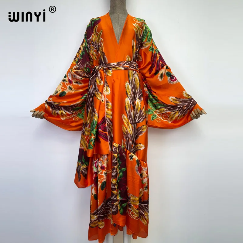 2022 WINYI Middle East Daily prom dress Positioning printing Self Belted Women Summer Clothing Kimono Dress Beach Wear Cover Up