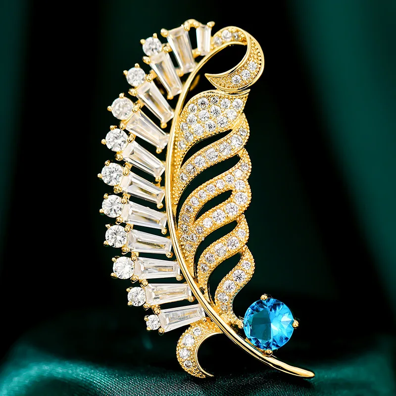 

Micro Pave CZ Stone Fashion Wedding Party Jewelry Gold Plated Korean Statement Leaf Feather Brooches Pins Bouttoniere