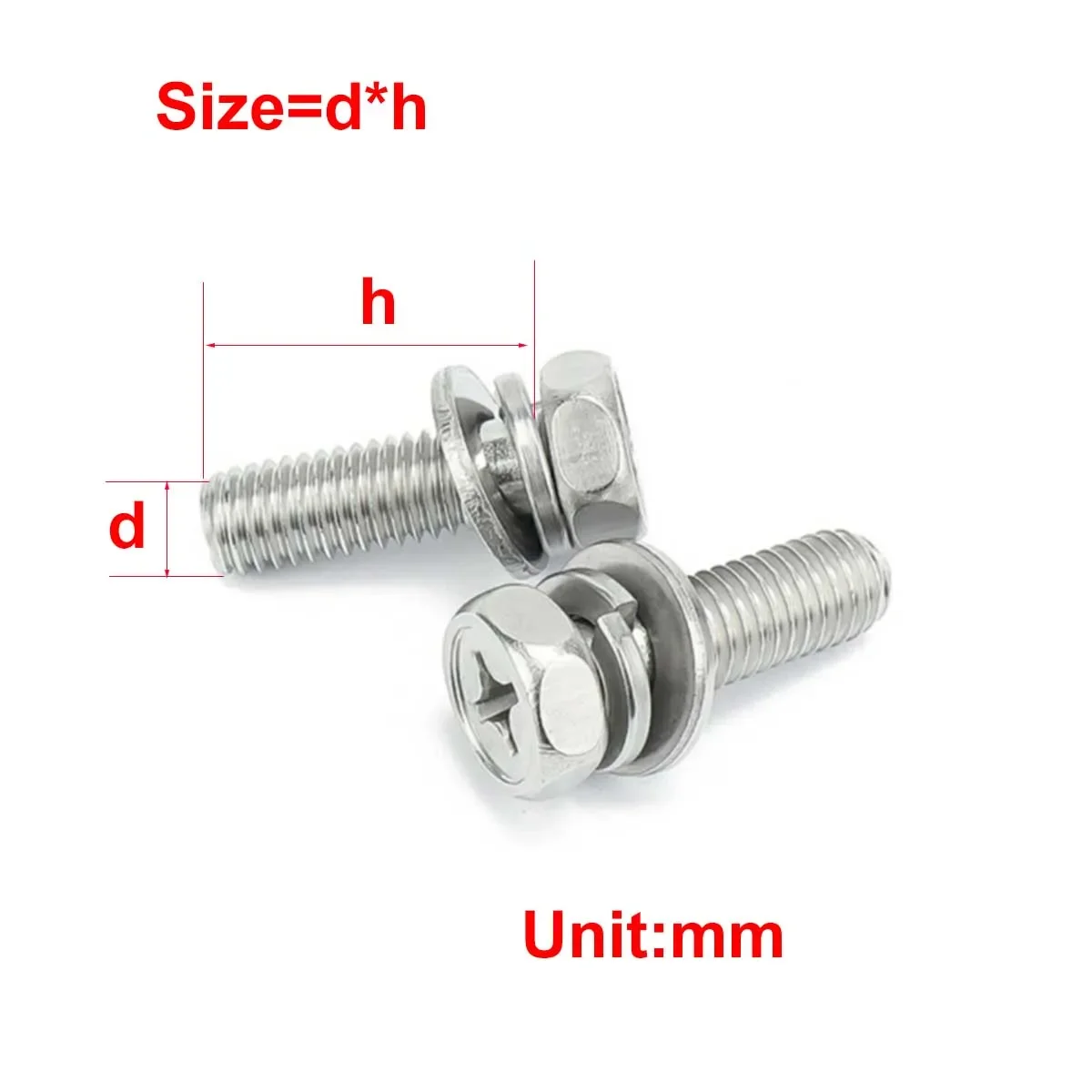 304 Stainless Steel Cross Hexagonal Triple Combination Screw And Embedded Combination Bolt, With Flat Washer And Spring Washer