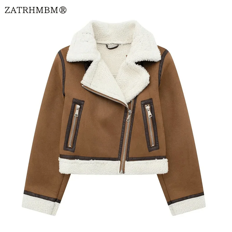 

ZATRHMBM 2023 Winter Fashion Lambswool Warm Jackets Coat Vintage Long Sleeve Patch Pocket Cropped Female Outerwear Chic Tops