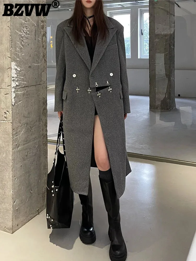 BZVW 2023 New Tide Blazer Woolen Coat Women Fashion Loose Chic Button Spliced Designer Mid-length Overcoat Female Trendy 25X3160