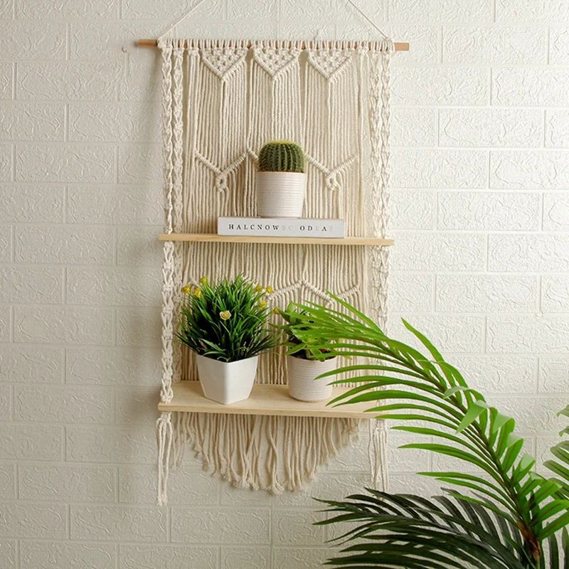 

Macrame Wall Hanging Shelf - Boho Indoor Hanging Shelves For Wall - Bohemian Floating Plants Room Storage Shelving