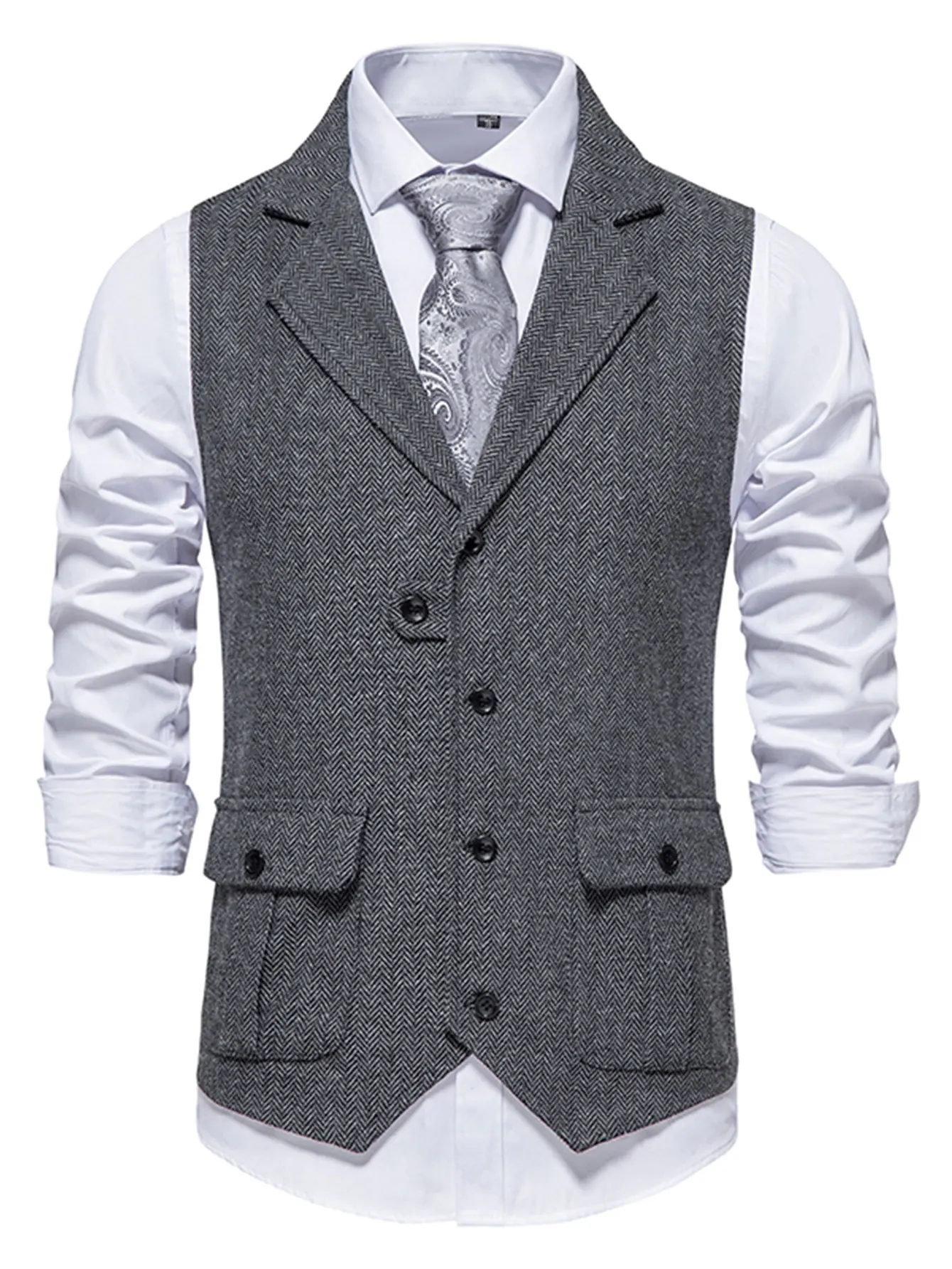 Elegante Herren-Weste mit Fischgrätenmuster für Geschäftsbankette und Hochzeiten. Stilvolle und bequeme Herren-Freizeitweste – Detail 15