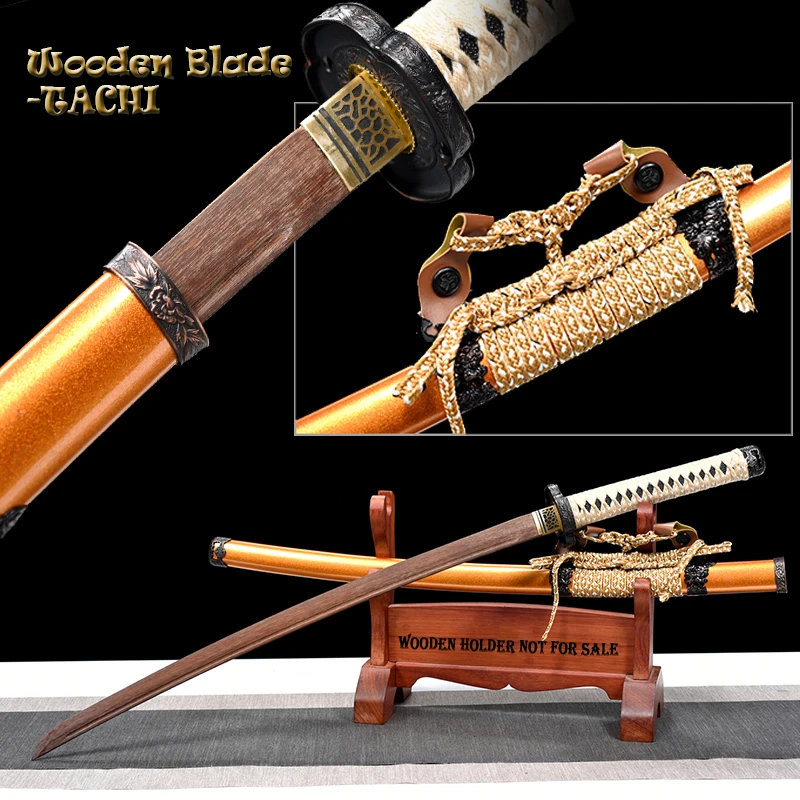 

Quality Wooden Sword, Iaito Training Sword, Japanese Tachi, Katana sword, Stage Props, Wood Blade, Gold Saya,Metal Fittings