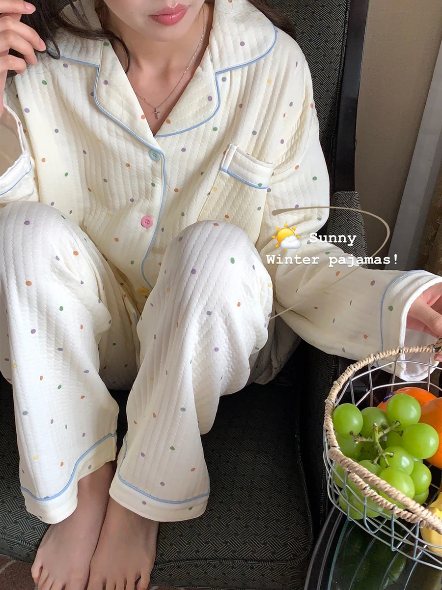 Autumn winter polka dot thickened quilted pajamas set women with bubble cotton that can be worn outside as home clothes chic