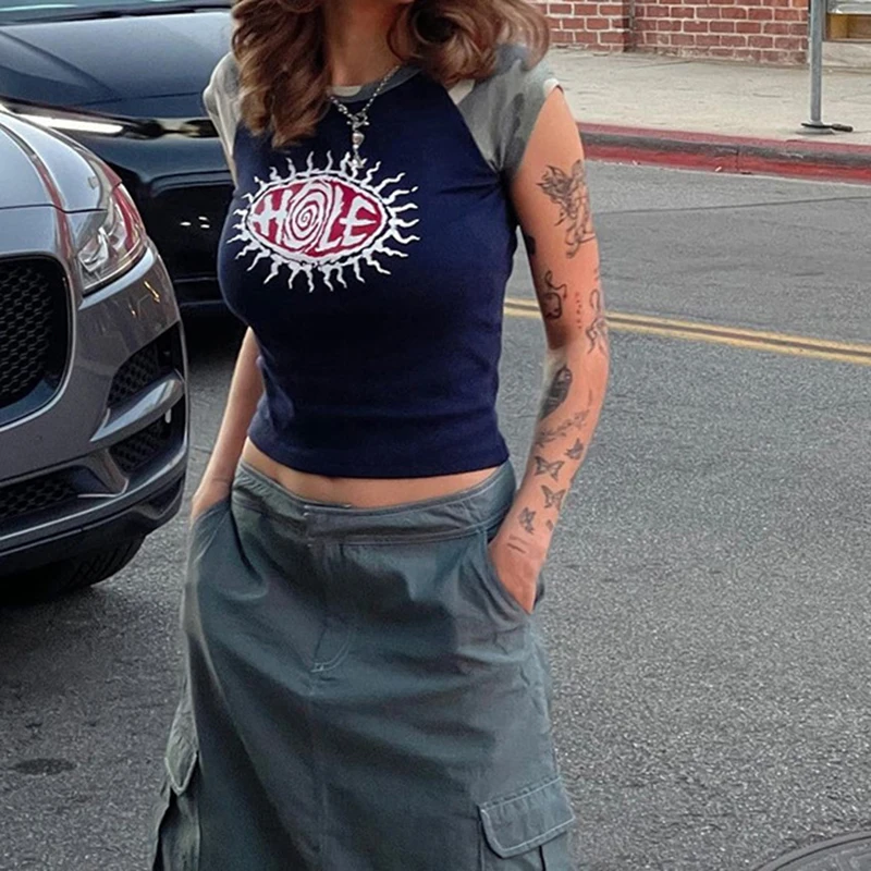 

PASSIONNÉ Women's T-shirt Short Sleeve O-neck Print Hit Color Patchwork Crop Tops Female Casual Fashion Style 2023 Summer New