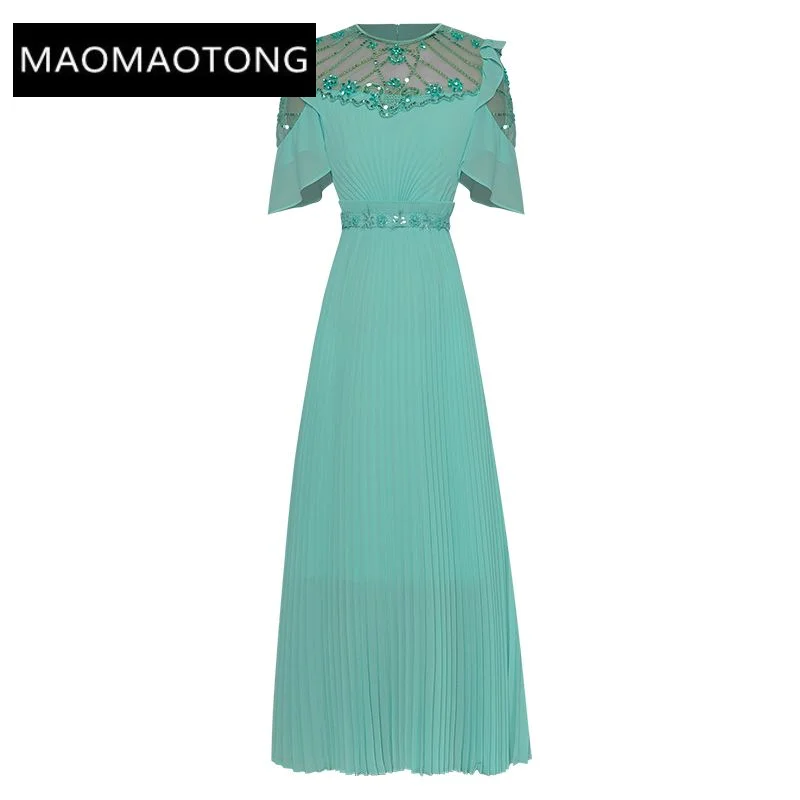 

Summer Fashion Runway Luxury Pleated Dress Women O-Neck Ruffles Sequins Nail Bead Diamonds Perspective Mesh Long Dress