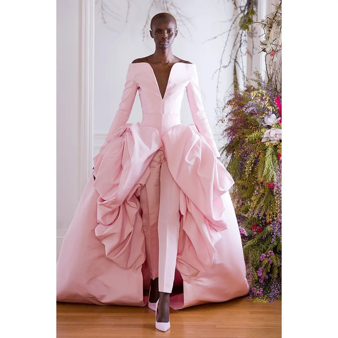 

Новинка 2022, арабские розовые платья для выпускного вечера с юбкой с запахом, женские платья с открытыми плечами для вечерние