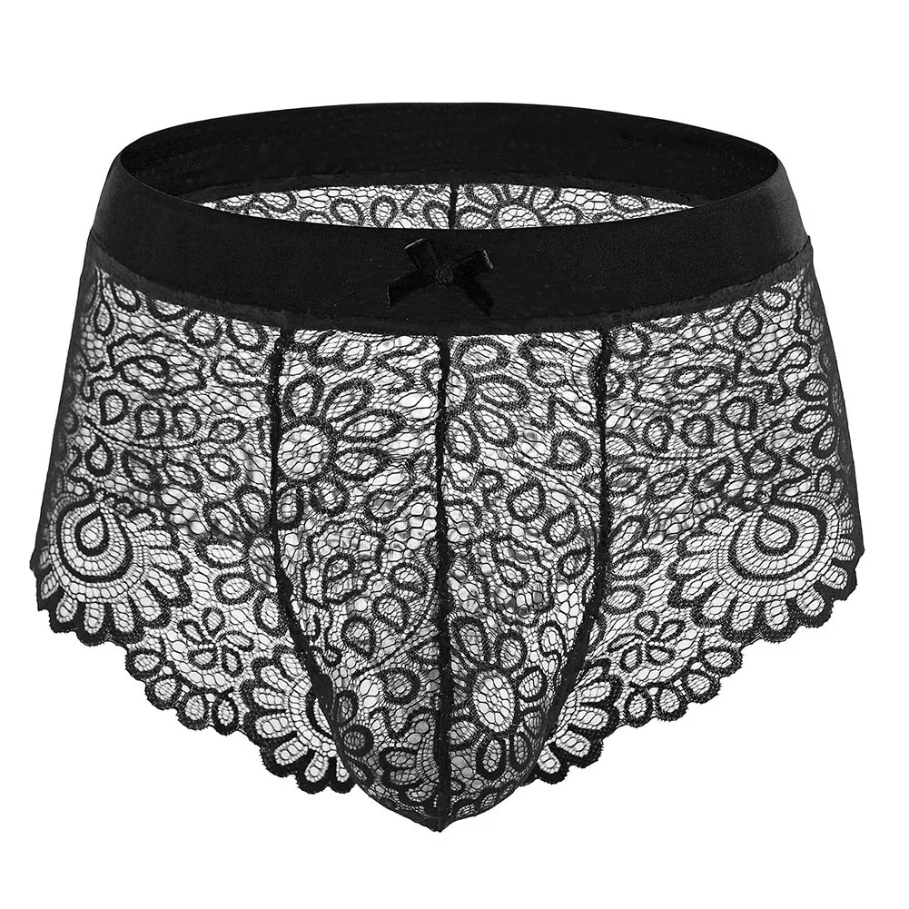 

Male Underwear Lace Shorts Panties Pouch Quick Drying See-through Bow Knot Breathable Brief Comfortable Durable