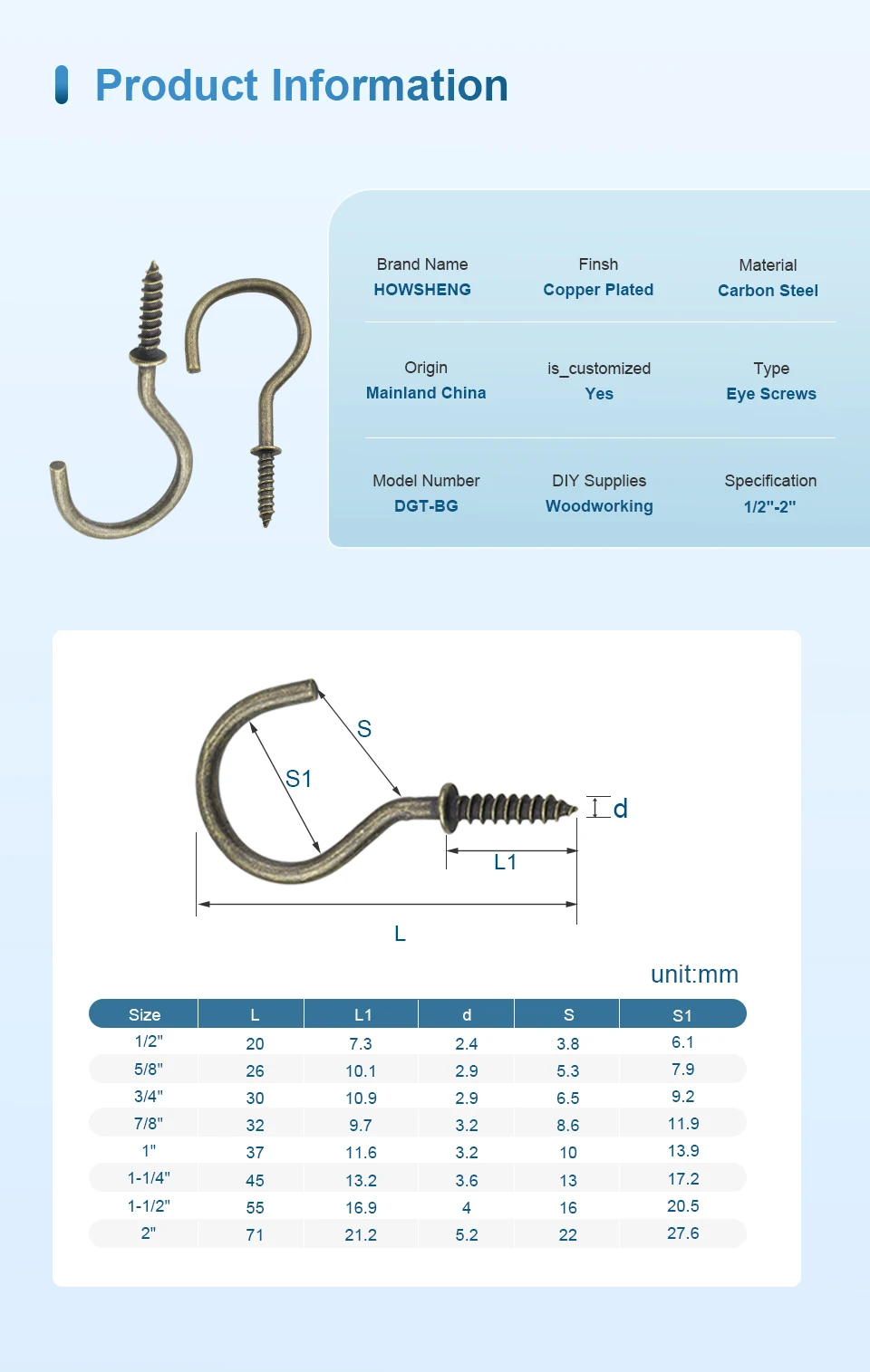 How sheng 10-30 stücke Bronze Cup Haken Schraube Decke Ein schraub haken 1/2 "-2" kupfer beschichtete Gewindes ch neids ch raube zum Aufhängen in der Küche – Detail 3