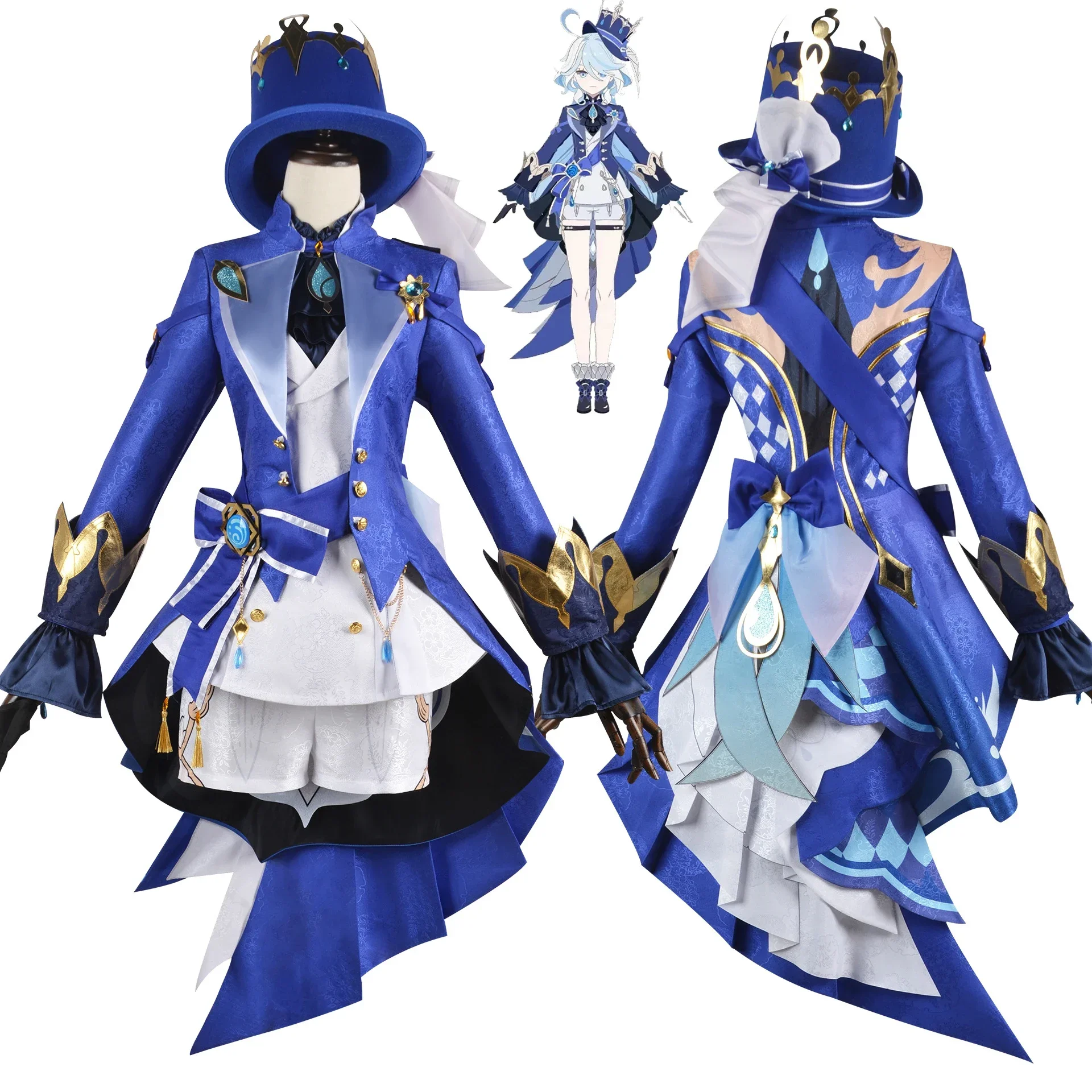 

Game Genshin Impact Furnia Focalors Cosplay Costume Fontaine God of Justice Blue Uniform Vision Hat Hydro Full Set for Women Men