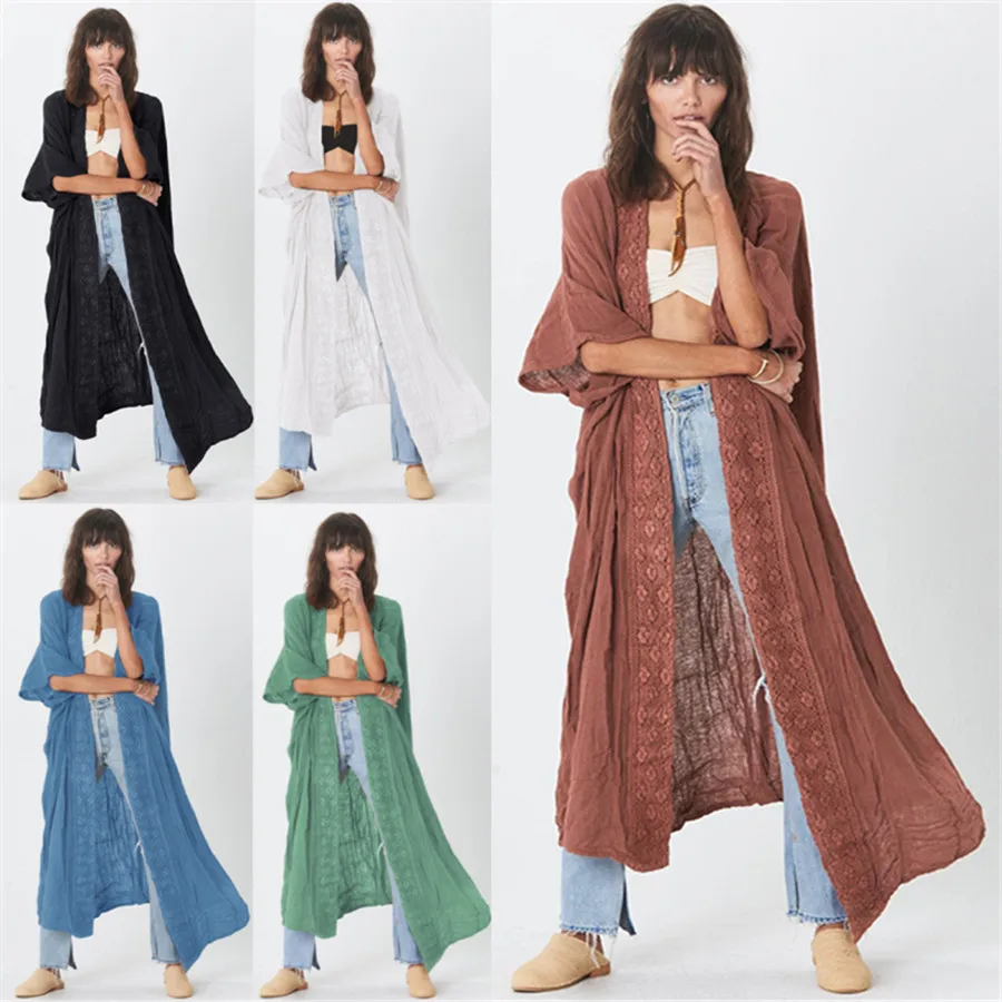 

Lace Beach Blouse Bamboo Cloth Sexy Cardigan Holiday Dress Bikini Coat Women's Seaside Long Casual Shirt Spring and summer G9