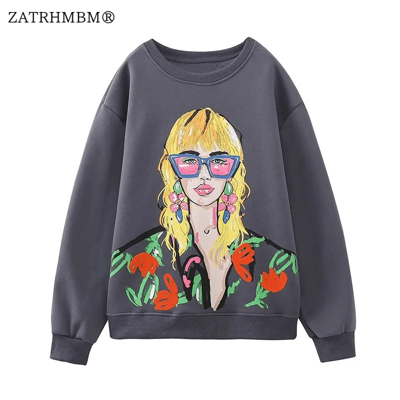 

ZATRHMBM Women 2023 Autumn Fashion Streetwear Character Printed Sweatshirts Vintage O-Neck Long Sleeves Female Pullovers Tops