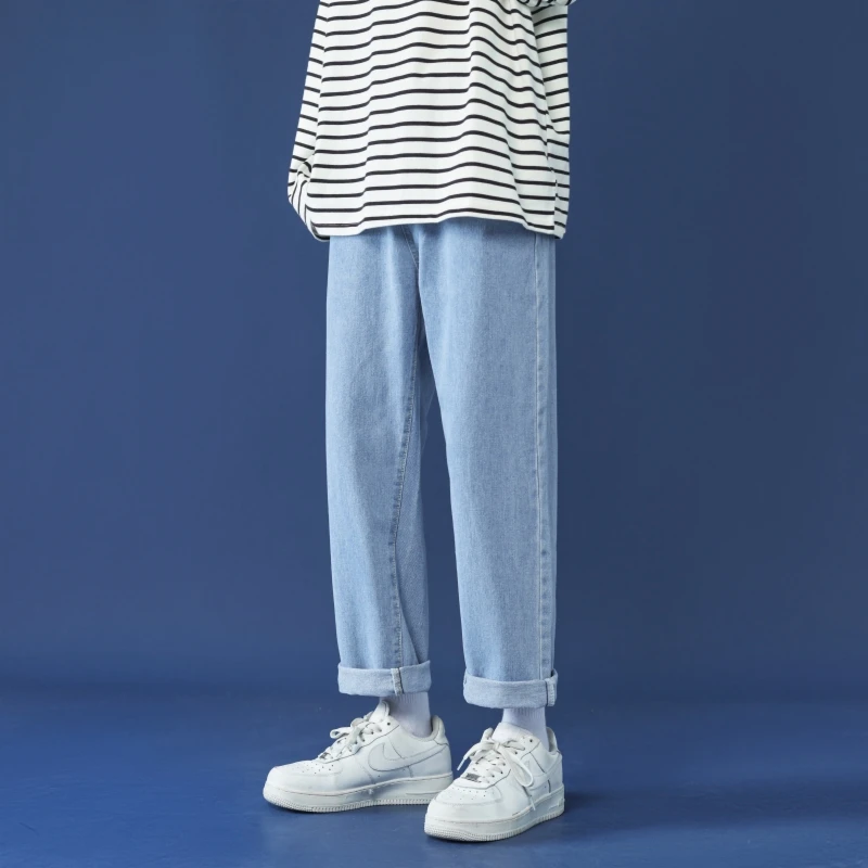 CAAYU 2023 Casual Baggy Jeans Mens Korean Streetwear Fashion Hip Hop Straight Wide Leg Trousers Couple Casual Pants Black Blue