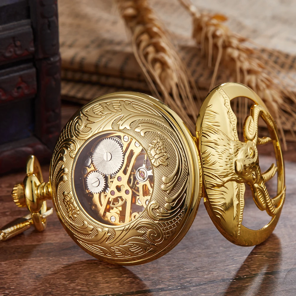 Animal Goat Mechanical Pocket Watch Male Gold Steampunk Skeleton Luxury Engrave Fob Chain Clock for Men reloj de madera Necklace