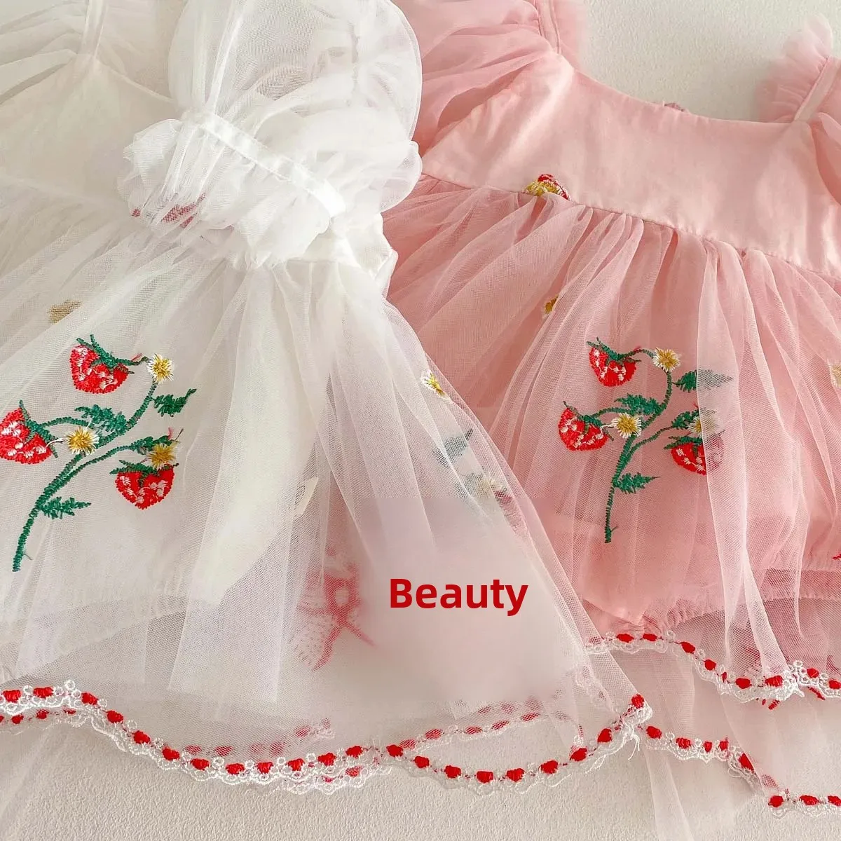 Summer New Bubble Sleeve Bib Overalls Baby Girl Embroidered Butterfly Knot Net Princess Skirt Hundred Days Outdoor Clothes