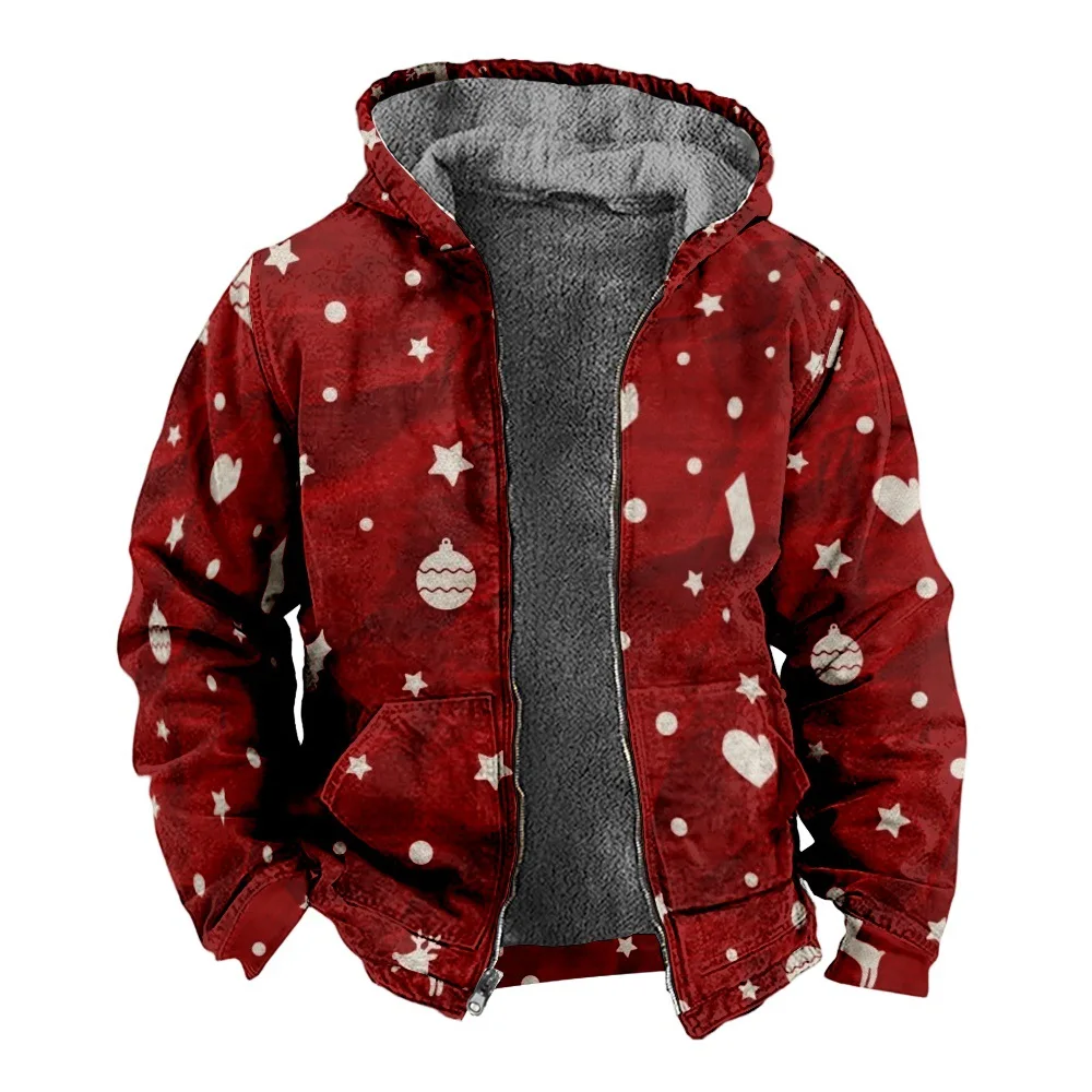 New Christmas Cotton Coat Hooded Sweater Casual Print Long Sleeve Zipper Sweater Thick Cotton Coat Winter a08