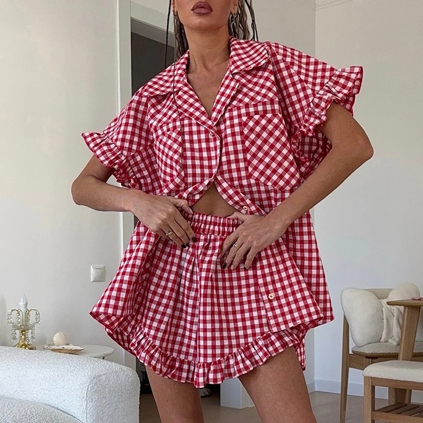 Linad Office Single-Breasted Shirts Elegant Plaid High Waist Shorts With Button Up Shirts 2 Piece Set Street Chic Outfits Summer