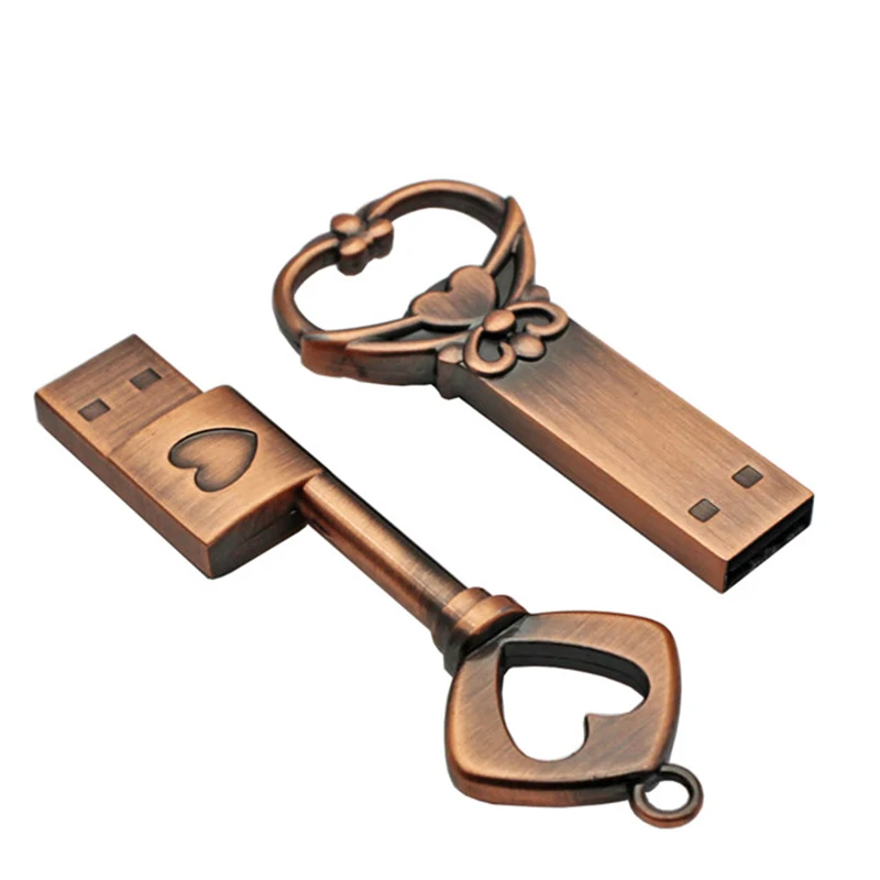 thumbnail image 1 of Memoria USB de 128 GB con forma de corazón de cobre, memoria USB de metal retro de 64 GB, memoria USB con forma de llave, regalo creativo, memoria USB de 64 GB, almacenamiento externo, 1 of 5