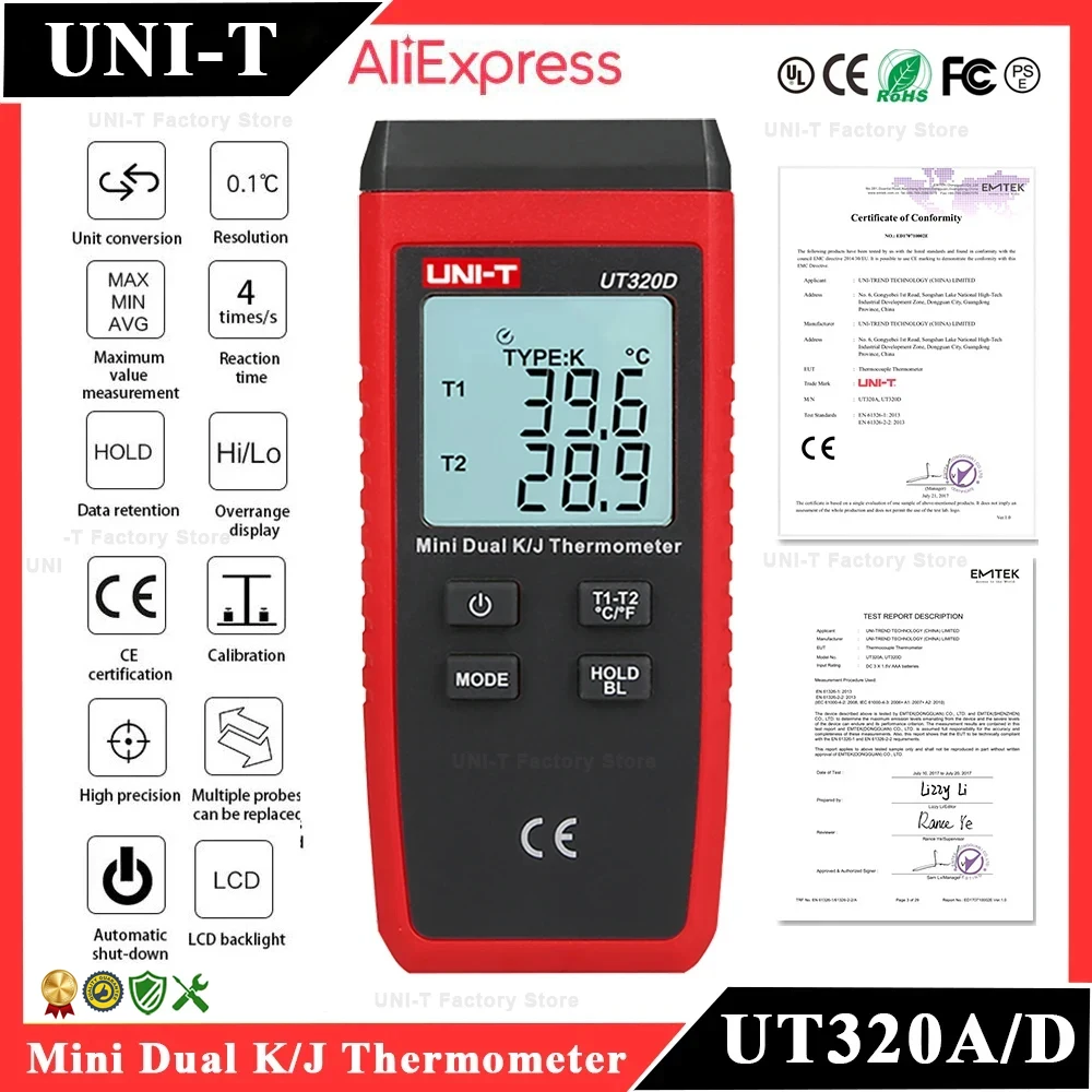 UNI-T UT320A UT320D Digital Thermometer Mini Dual K/J Type Thermocouple Thermometer-50℃ to 1300℃ High Temperature Tester Meter digital thermometer