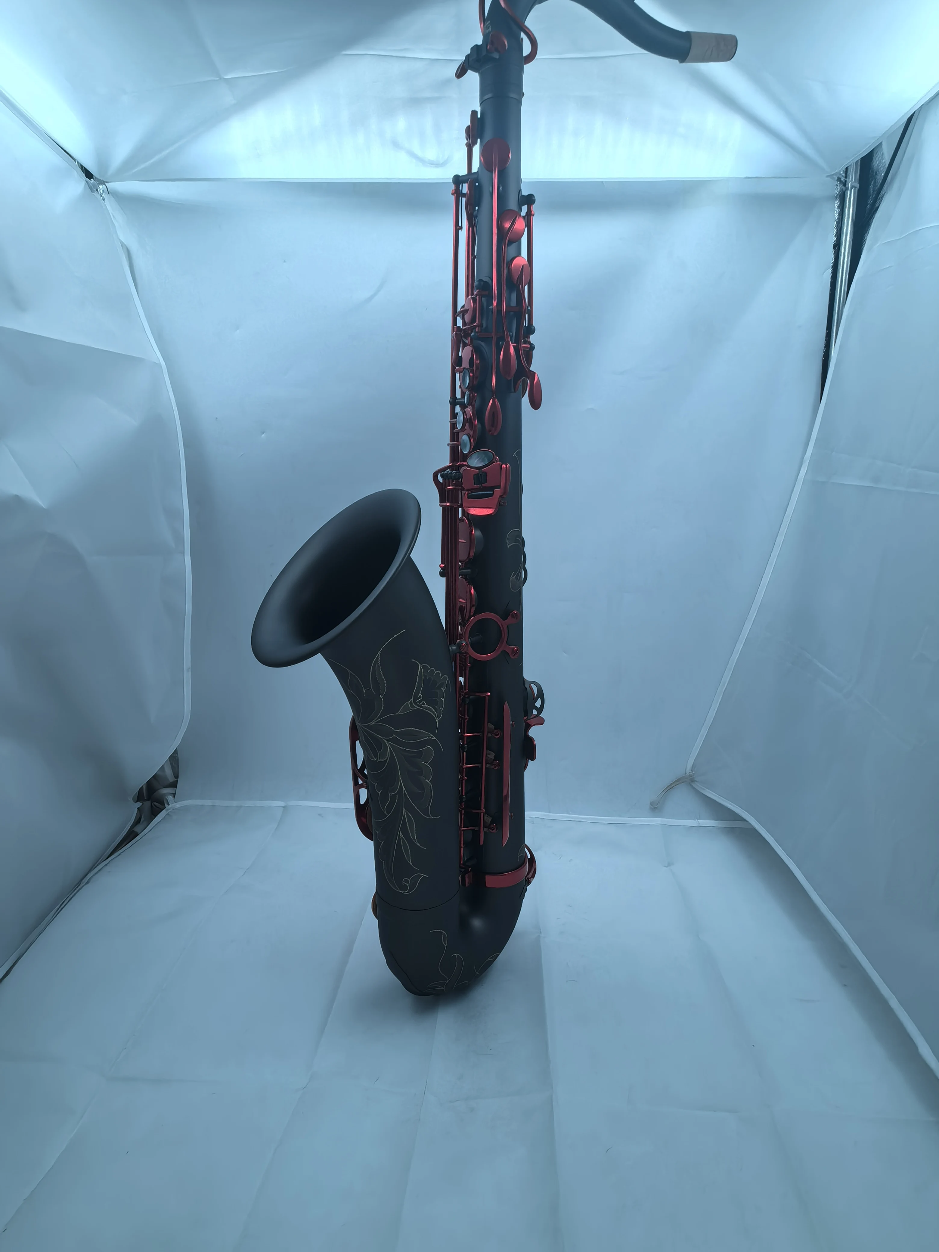 Eastern Music The Imperium Professional Matte Black Tenor Saxophone with Red Lacquered Keys &ndash; Bb Key &ndash; High F# Italian Pads