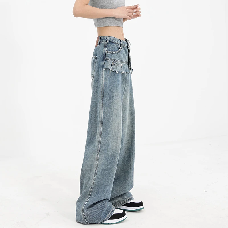 Jeans azzurri da donna tascabili a vita alta pantaloni larghi da strada americani moda larghi vintage 2023 NUOVI pantaloni invernali dritti_voghion.com