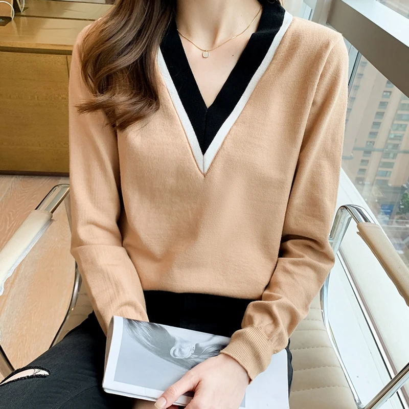 

Women's Elegant V Neck Long Sleeve Sweater Autumn Winter Vintage Chic Pullover Knitting Top Lady Basic Jumper Top