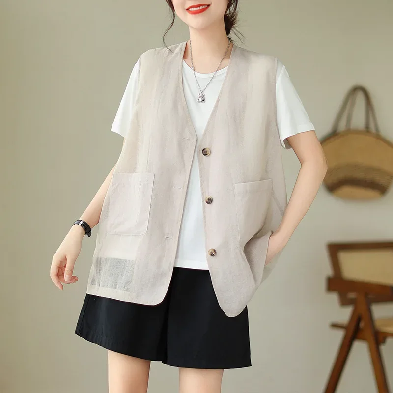 Fashionable Plus Size Women's Cotton Linen Top Motorcycle Jacket Stylish Summer Thin Vest Outer Wear Jacket