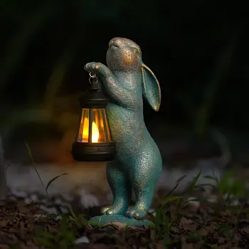 Garden Statues Rabbit with Solar Lantern Outdoor Bunny Figurines Decorations for Patio Yard Lawn Ornaments Gifts