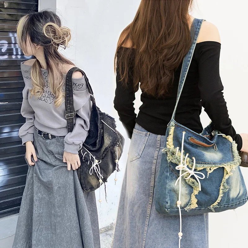 

New 2024 Trendy Women Crossbody Bag Vintage Denim Punk Fashion Designer Brand Shoulder Bag Y2k Gothic Casual Totes Large Handbag