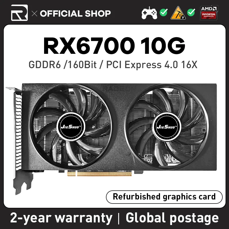 Jieshuo Amd Rx 6700 10Gb Gddr6 160Bit Dual Fan Graphics Gpu Pci Express 4.0 Rx6700 10G Supporto Scheda Grafica Mineraria Kas Rvn