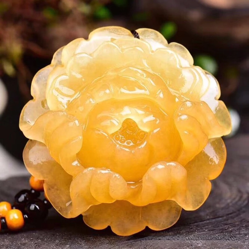 

Natural Yellow Dragon Jade Peony Flower Pendant Carved Fashion Amulet Women Gifts Jade Jewelry Natural Gemstone Chinese Pendant