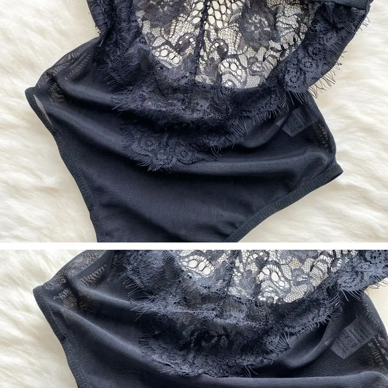 Lace Patchwork Strappy Camisole Jumpsuit Hollow Out Slim Bodysuit Women's Sexy See-through Erotic Porngraphic Lingerie Backless