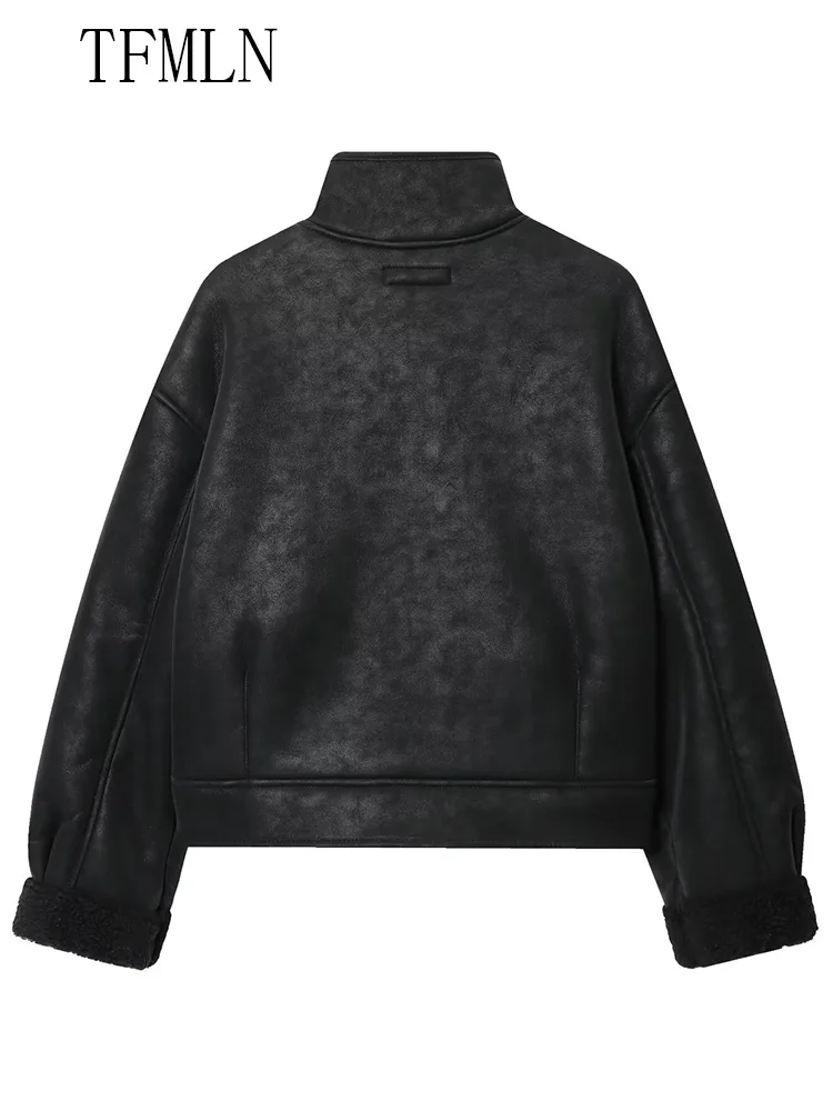 Women New Faux Leather Coat 2025 Autumn Winter Stand Collar Single Breasted Long Sleeve Jacket Fashion Female Loose Lady Outwear