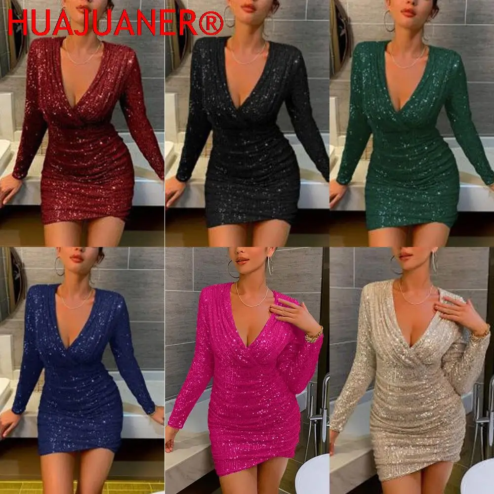 

2024 весеннее облегающее платье с блестками и рюшами, металлик, женское сексуальное вечернее платье, клубное мини-платье с V-образным вырезом, платье с запахом на бедрах
