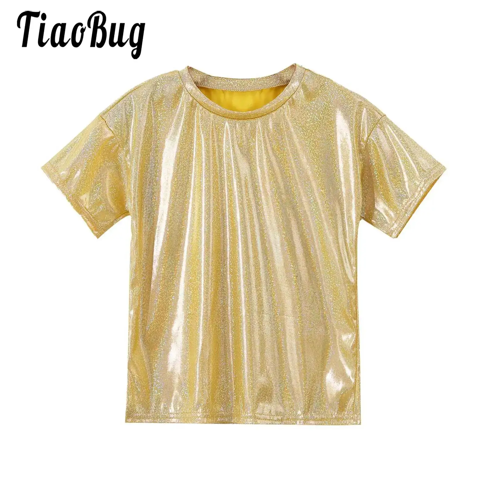 Kids-Boys-Girls-Metallic-Shiny-T-shirts-Top-Stretchy-Bright-Blouse ...