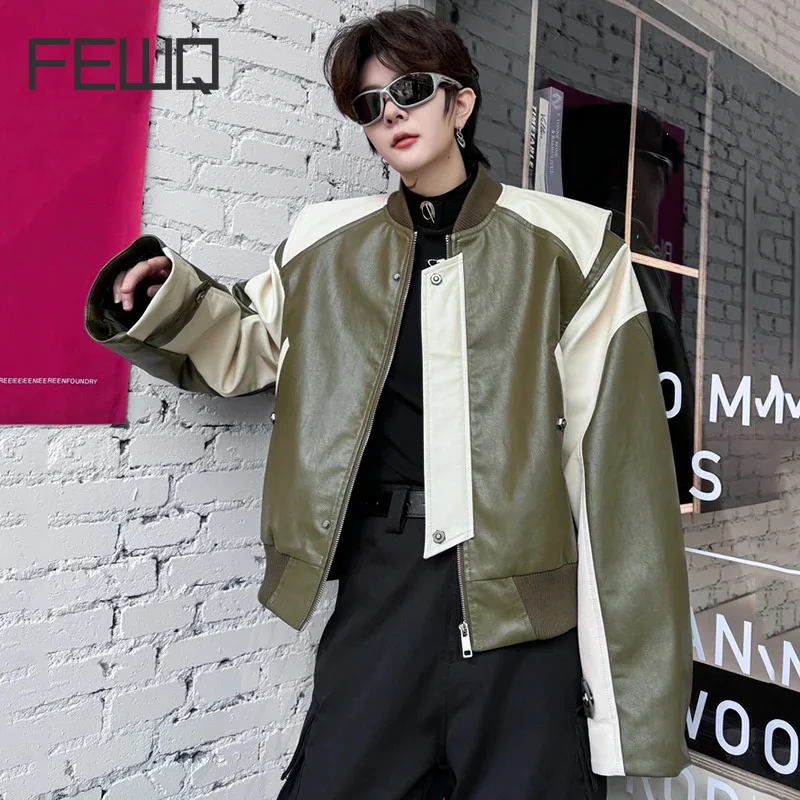 

FEWQ Patchwork Men's PU Leather Jackets Male Short Coat Spring High Street Contrast Color Zipper Pockets Baggy New Trendy 9C4763