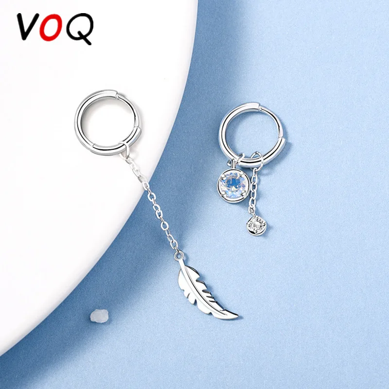 VOQ Asymmetric Moonstone Feather Drop Earrings for Women Personality Tassel Ear Line Ear Buckle Luxury Jewelry