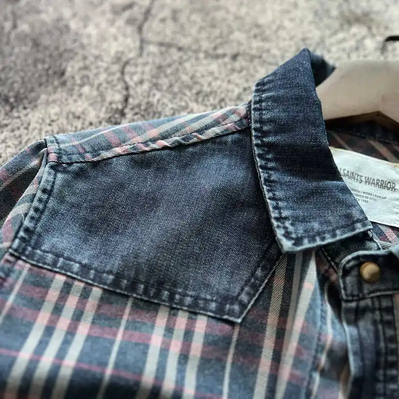 American Vintage Casual Colors Striped Patchwork Denim Shirts for Men Stylish Spring Autumn Clothes Y2k Youth Male Tops
