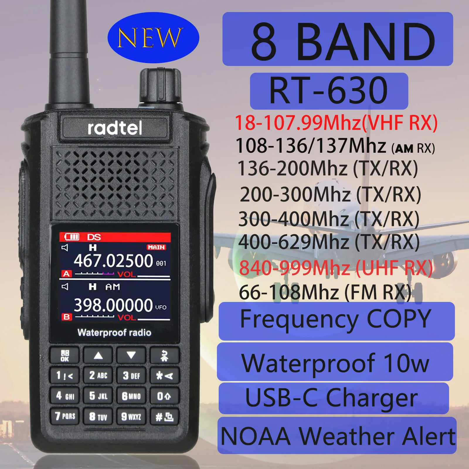 Radtel-Waterproof Bandas completa Rádio Amador, Aviação Air Band Walkie Talkie, Frequência de cópia sem fio, RT-630, 10W, IP67, SSB