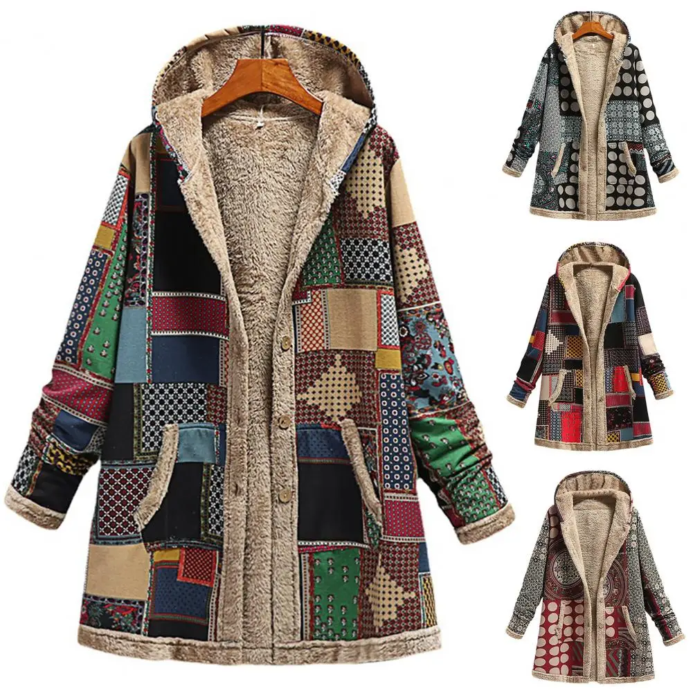 Women Overcoat Keep Warm Hooded Polyester Ethnic Pattern Winter Coat For Daily Wear Warm Printed Thick Fleece Coat 50%hotmen down coat hooded padded drawstring warm winter quilted down coat for daily wear