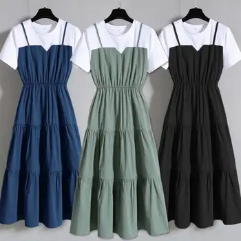 2024 Fashion Strap Fake Two piece Dress Block Summer Short sleeved Dress Women's Waist Tight Dress 1