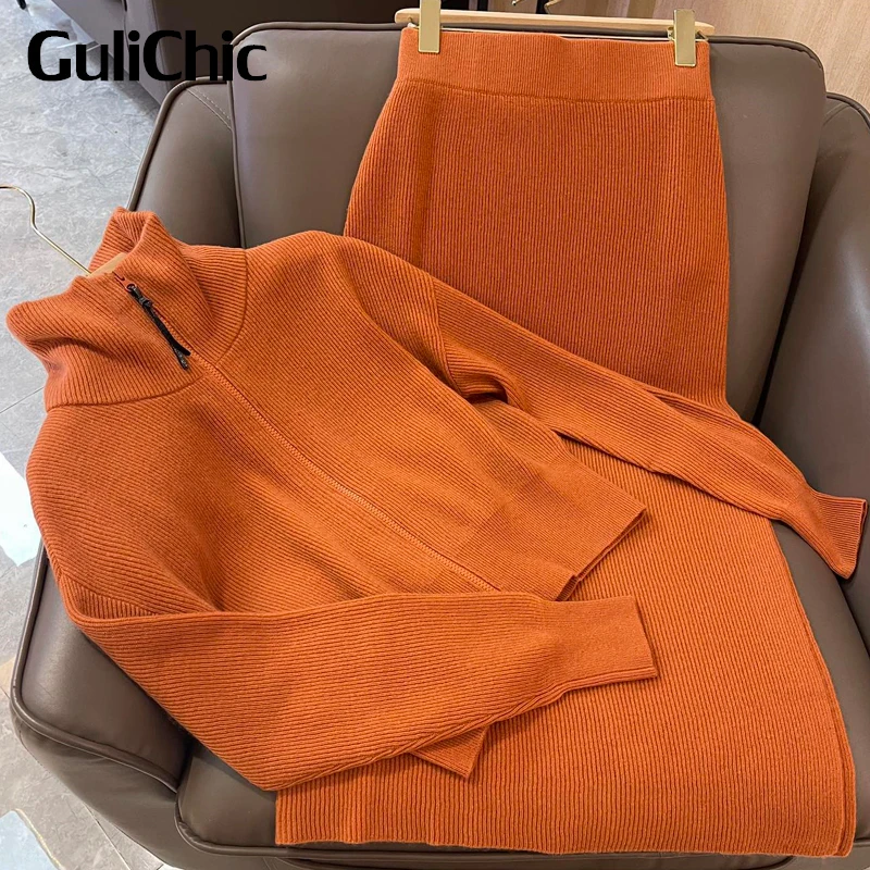 

9.16 GuliChic Women Casual Solid Color Zipper Comfortable Cashmere Knitted Cardigan Sweater With Split Skirt 2 Piece Set