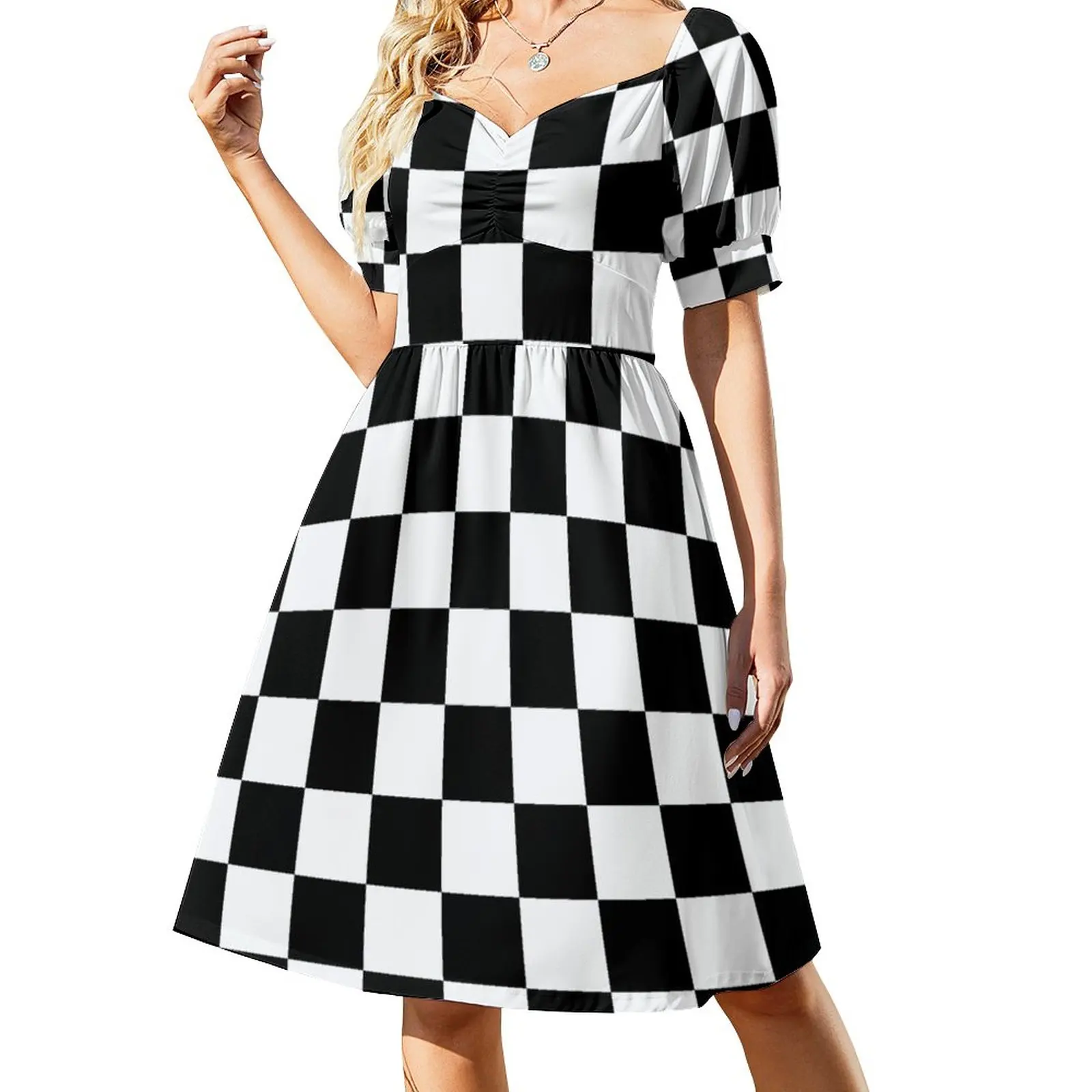 Vestido de cuadros blancos y negros - Vestido de fiesta para mujer Vestido largo de verano para mujer