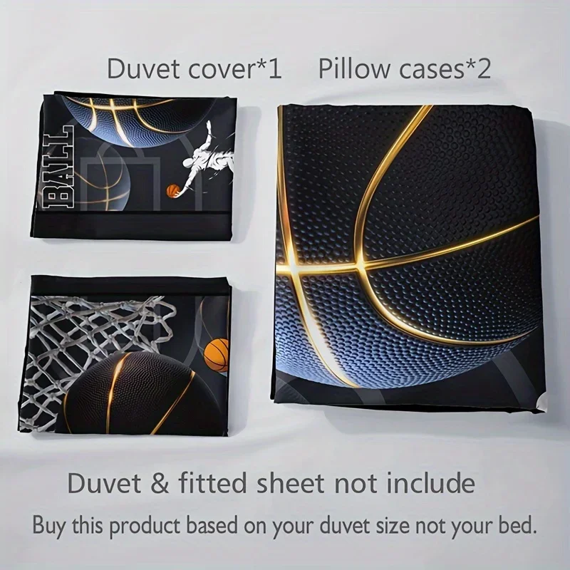 3PCS Sports Basketball HD Printed Duvet Cover Set Vibrant Soft Breathable Bedding with 1 Duvet Cover And 2 Pillowcases