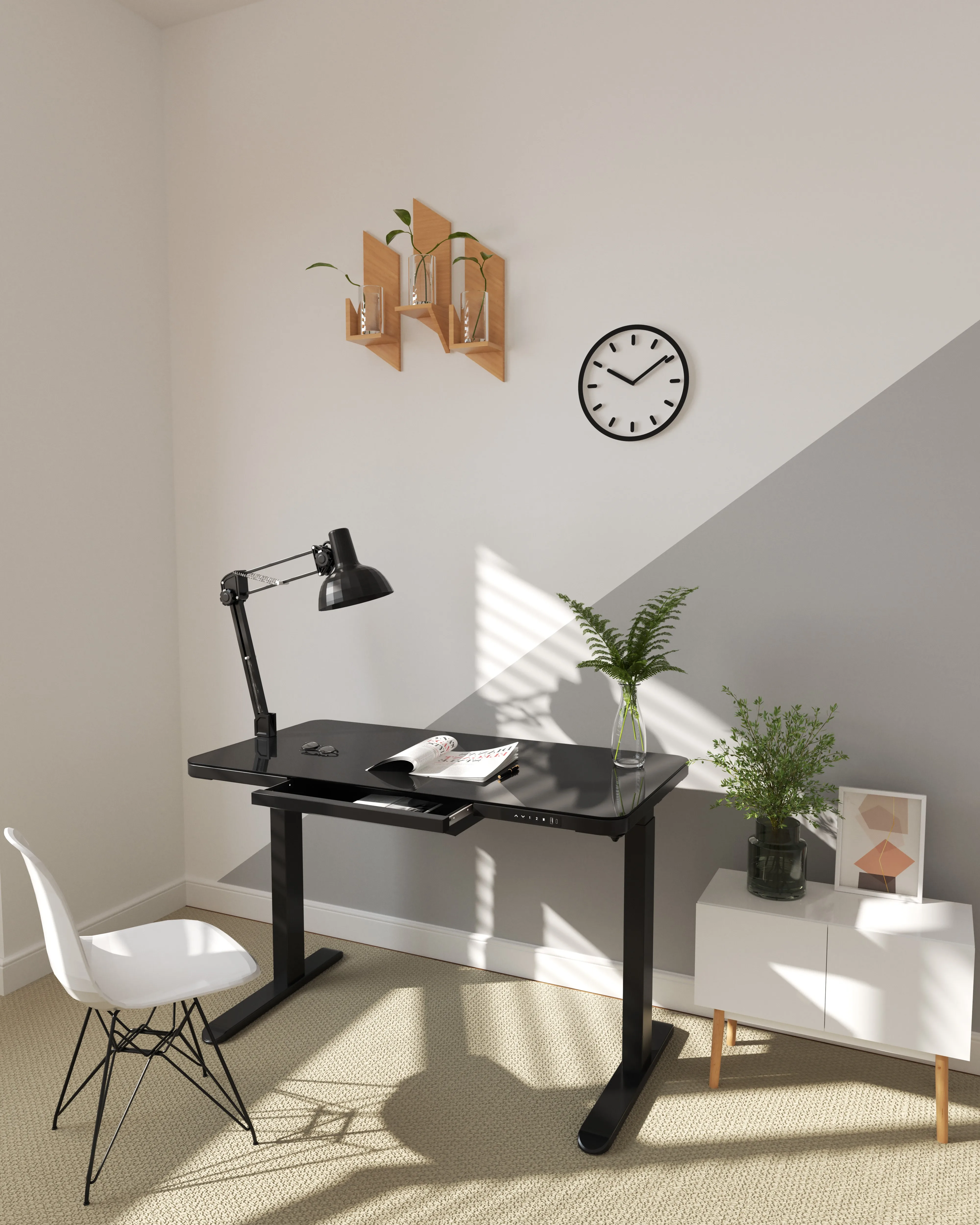 Scrivania Ergonomica Bianca Regolabile in Altezza con Motore Elettrico Singolo, Tavolo da Ufficio Smart Sit-Stand in Vetro - immagine 4