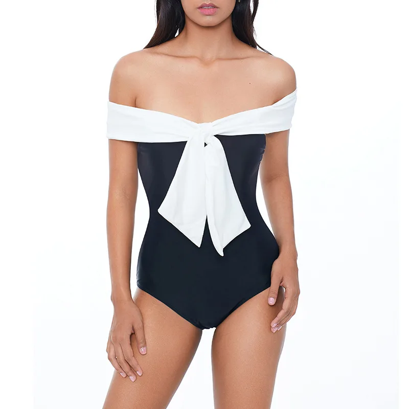 2023 French Retro Bow One-Piece Swimsuit Covering Belly and Slimming Swimwear Print Swimwear Cross Shoulder One-Piece Cover Up