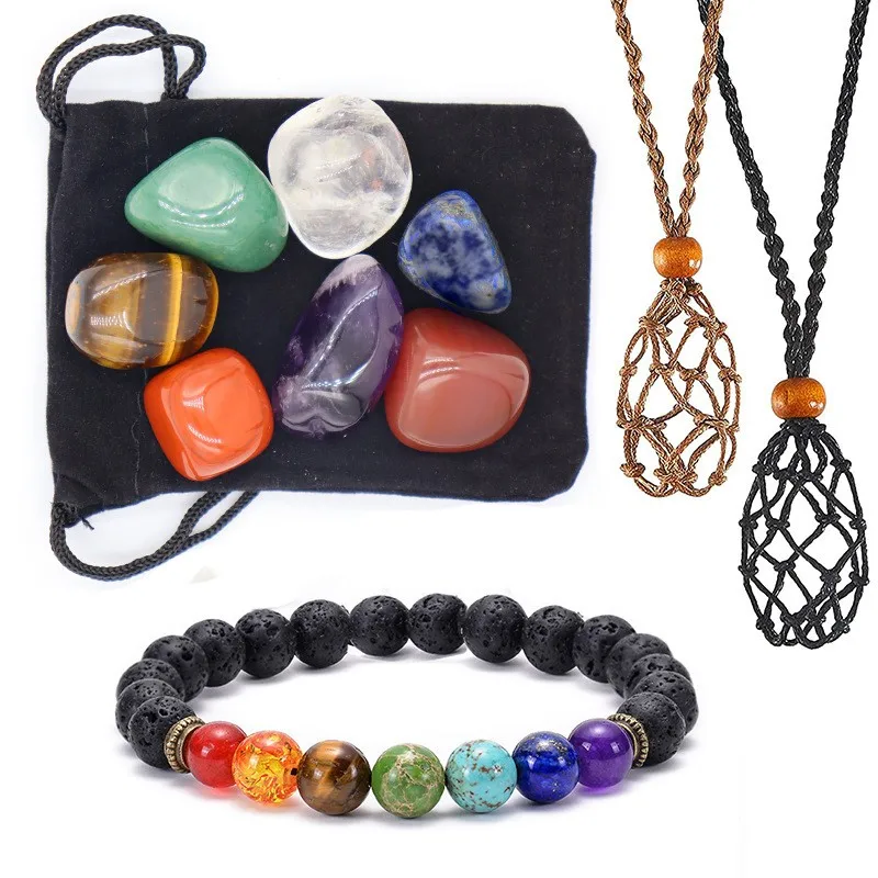 

11pcs/set Natural Healing Crystal Quartz Chakra Net Bag Pendant Adjustable Necklace Cord Tumbled Stone Holder Rope Cage Chain