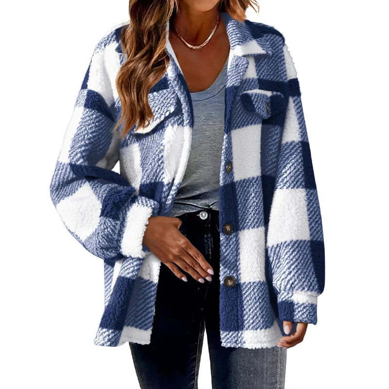 2023 Autumn Winter New Fashion Plaid Printing Turn-down Collar Jacket Women Casual Loose Button Pockets Cute Plus Velvet Outwear